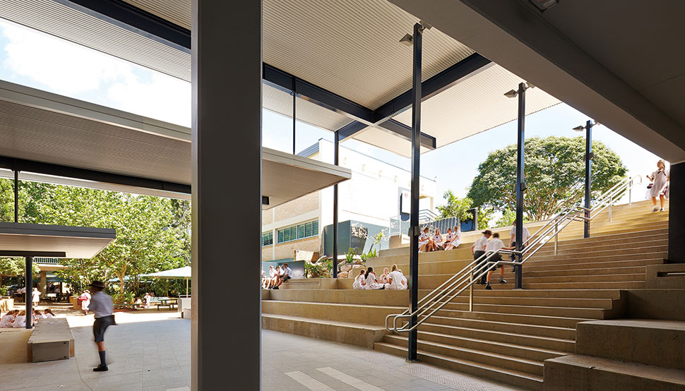 Crisply detailed canopies provide shade and shelter to the amphitheatre